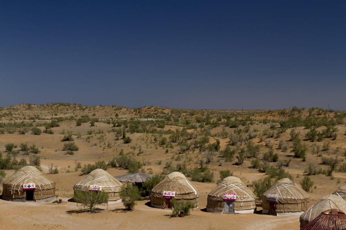 Yurts of a desert camp near Aydarkul lake in the Kyzylkum