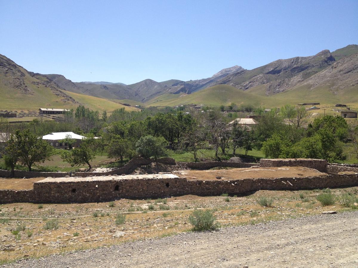 Stone houses and trees in a village in the Nuratau mountains